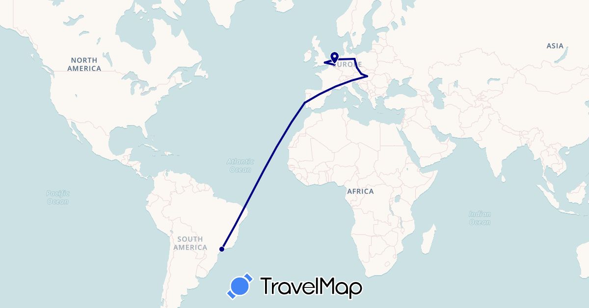 TravelMap itinerary: driving in Austria, Belgium, Brazil, Czech Republic, Germany, United Kingdom, Hungary, Netherlands, Portugal (Europe, South America)